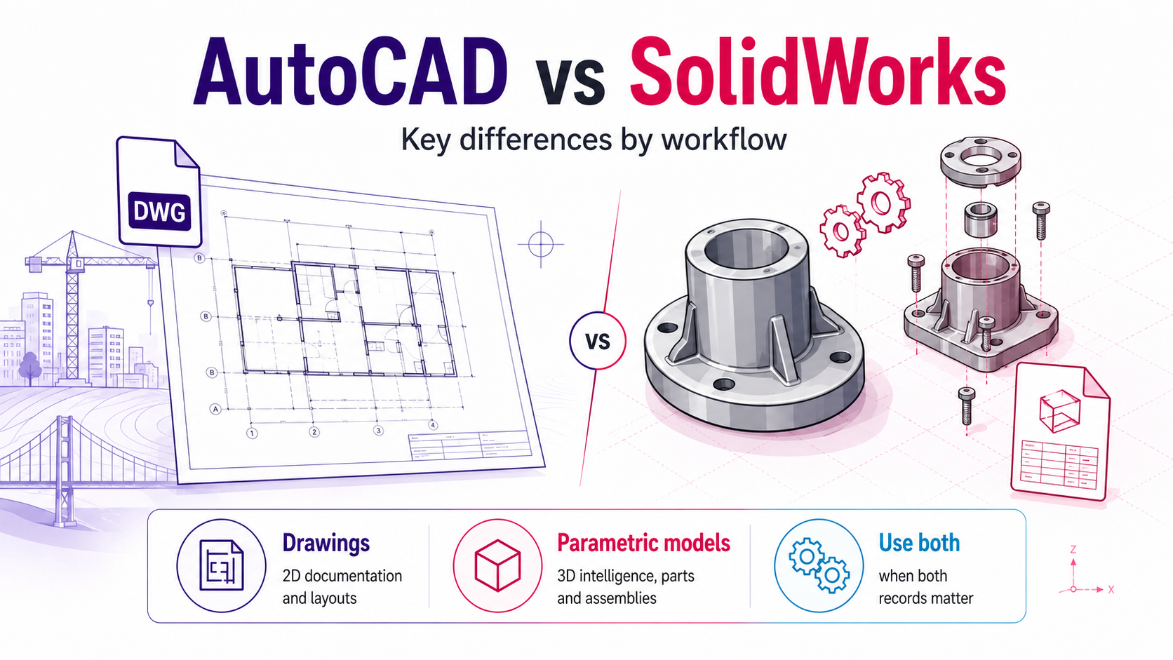 AutoCAD drawing workflow compared with a SolidWorks parametric assembly workflow