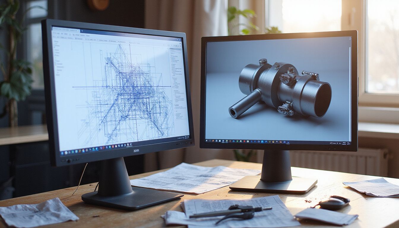 Dual monitors display 2D blueprints and 3D mechanical assemblies in an office.