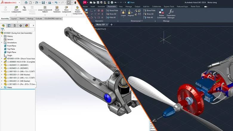 AutoCAD drawing workspace compared with a SolidWorks mechanical assembly workspace