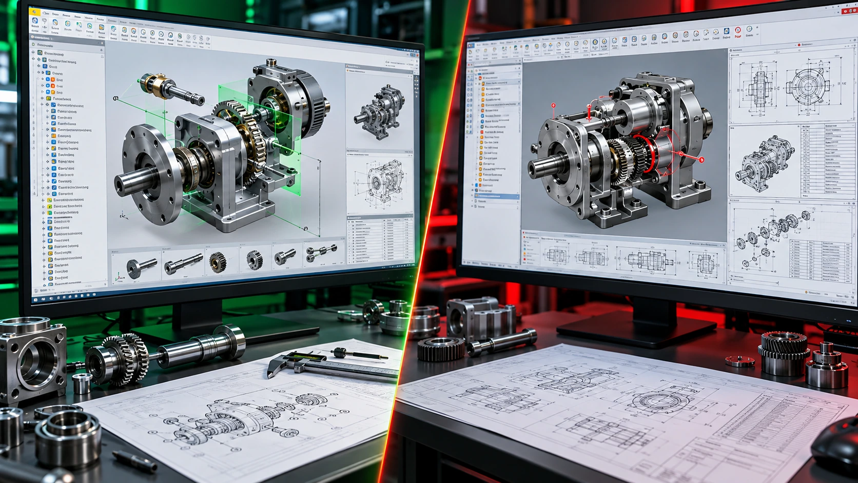 Mechanical part and assembly modeling shown on CAD workstations