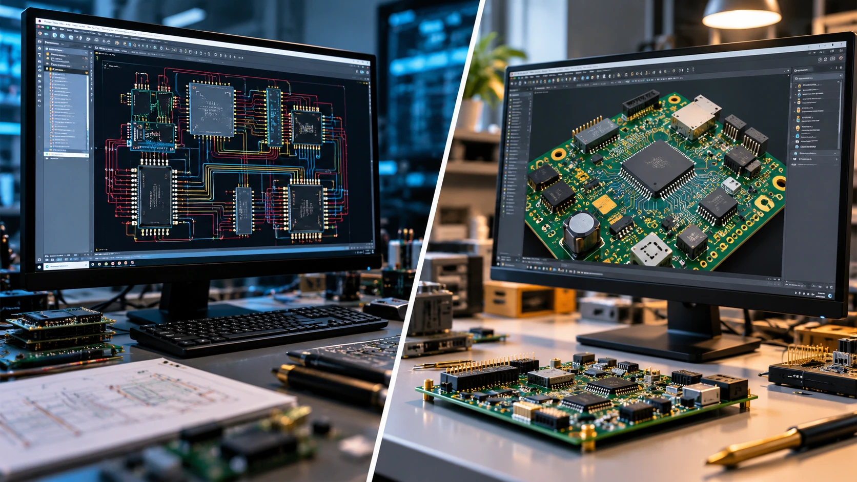 PCB routing and schematic capture shown on CAD displays