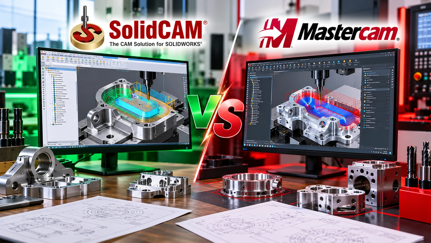 SolidCAM and Mastercam software on CAM workstations