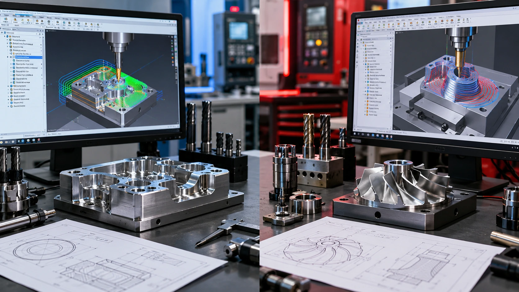 Side-by-side CNC toolpath programming workstations