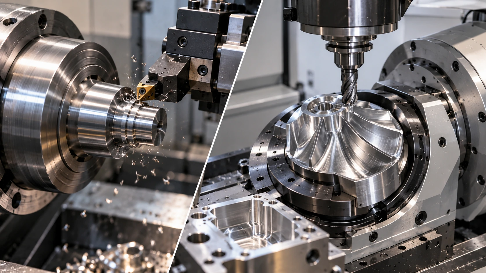 Milling and turning setup with CNC cutting tools